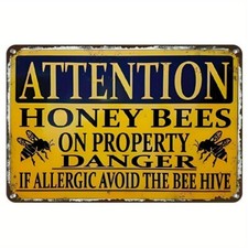 Tin Metal Signs Honey Bee Warning Sign, 8x12 Inch, Weatherproof Wall Hanging