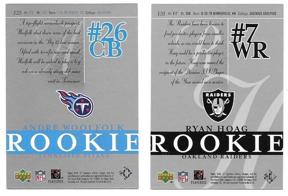 Lot of 2 2003 SP Signature Edition Rookies Andre Woolfolk Ryan Hoag RC /750 - Image 2 of 2