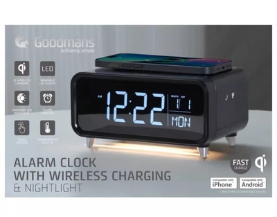 Goodmans Alarm Clock with QI Wireless Charging Nightlight LED Dimmable