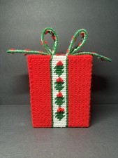 Vintage Needlepoint Plastic Canvas Christmas Present Square Tissue Box Cover
