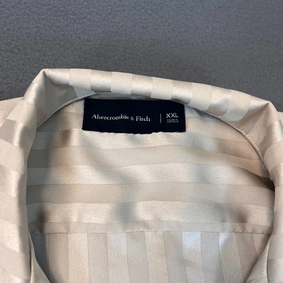 Abercrombie & Fitch A&F Mens 2XL Short Sleeve Ivory Satin Button Up Striped - Image 3 of 4