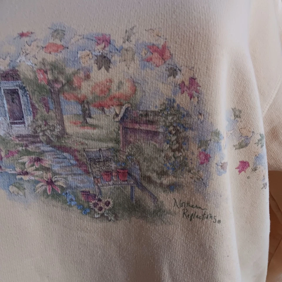 Sudadera vintage para mujer grande Cottagecore floral escena de cabaña ribete de encaje años 90 Foto 2 de 4
