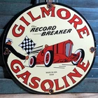 VINTAGE 1939 DATED GILMORE GASOLINE RECORD BREAKER PORCELAIN GAS OIL SIGN