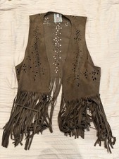 Womens Brown Suede Fringe Open Front Sleeveless Vest XL Western Boho Short