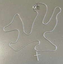 David Yurman Diamond Cross Necklace Pendant with DY Cable Chain Silver 24” Good