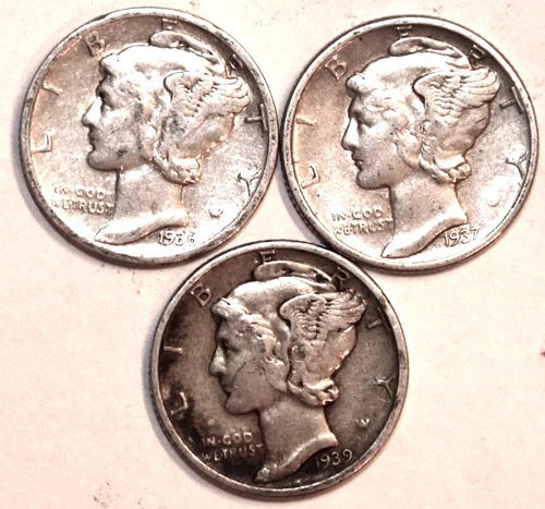 (3) Mercury Dimes - 1936P 1937P 1939P - VF/XF - #0560ED FREE SHIPPING