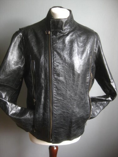 REISS leather BIKER JACKET medium 40 38 slim mens black patent cracked modernist - Picture 2 of 20
