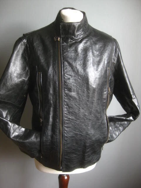 REISS leather BIKER JACKET medium 40 38 slim mens black patent cracked modernist - Image 2 of 4