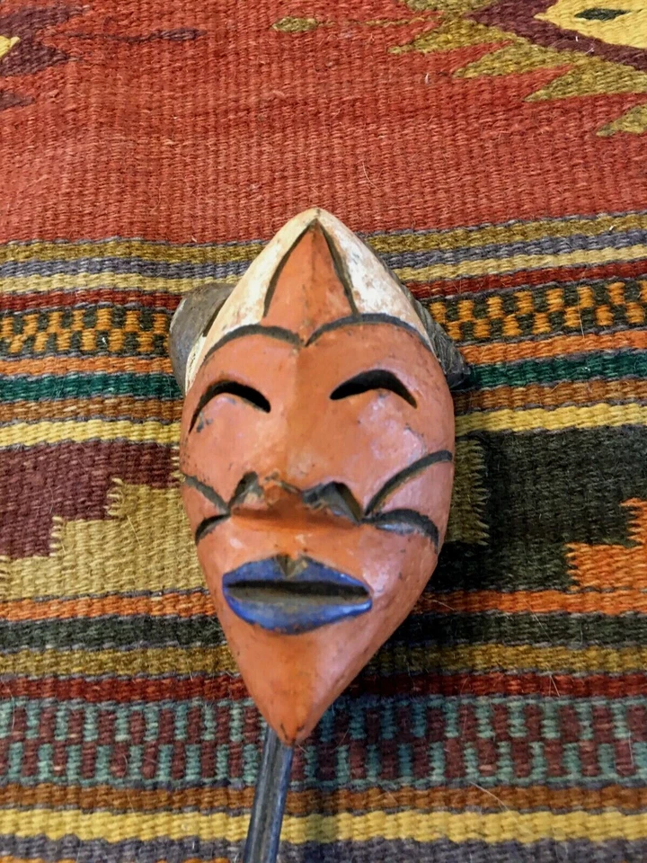 Clay African Art Hand Painted Face Mask Free Standing on Wooden Stand 9" Tall - Image 4 of 4