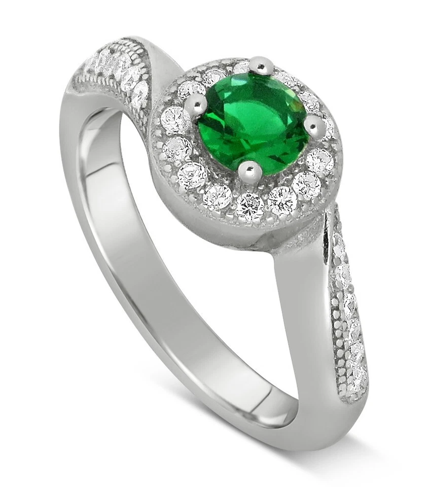1/3ct Round Natural Diamond & Simulated Emerald Halo Wedding Ring 10K White Gold - Image 2 of 3