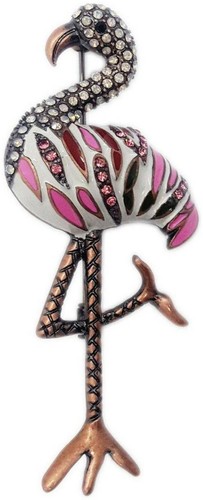 Pink Stripe Flamingo Brooch Pin Bronze Rose Tone Enameled Jeweled Rhinestones - Picture 3 of 3