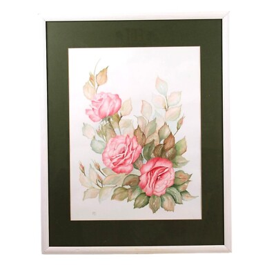 Vintage Still Life Pink Roses Watercolor Painting Signed MTS