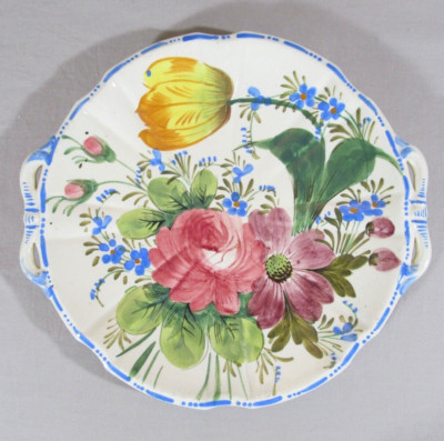 Nove Rose Italian Majolica 10 1/4'' Handled Serving Dish Cake Plate Hand Painted