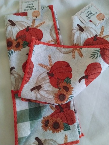 NWT 2 FALL HARVEST ORANGE PUMPKIN & SUNFLOWER REVERSIBLE KITCHEN TOWELS DECOR - Picture 5 of 6