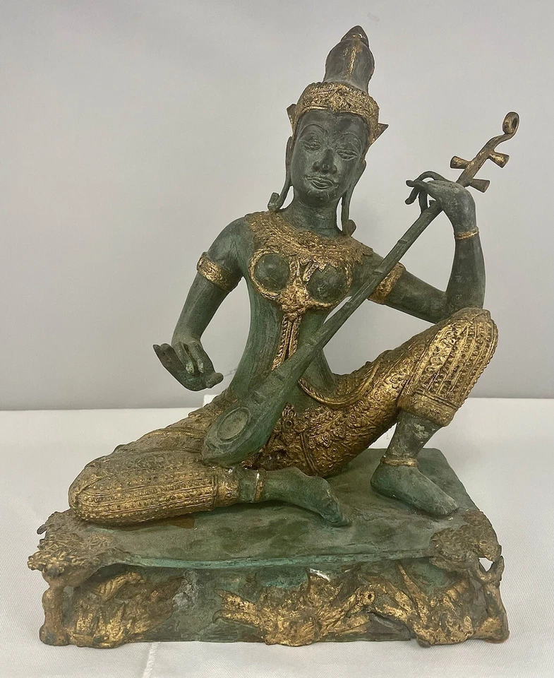 Vintage Gilt Bronze Thai Prince Deity Figure Playing a Lute Circa 1950's - Image 3 of 4