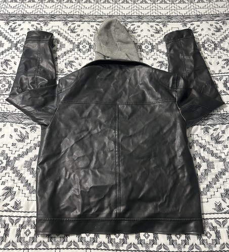 Kenneth Cole Reaction Solid Black Leather Jacket W/Zip Out Hooded Bib Mens XL - Picture 3 of 8