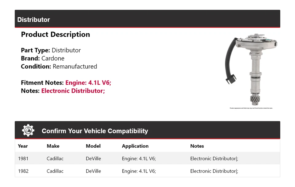 Para Cadillac DeVille 1981-1982 4,1 L V6 distribuidor cardone Foto 2 de 4