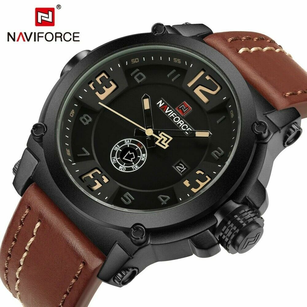 NAVIFORCE Quartz Watch Men Leather Wristwatch Business Male Weekdays Dial Watch