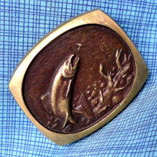 Fishermans Trout Bronze Dress Belt Buckle Fly Fishing Vtg 80s SK Knight .NOX515