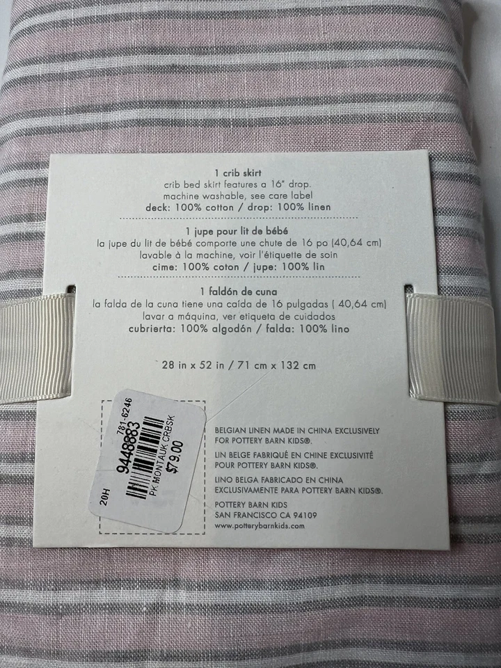 Pottery Barn Baby Montauk Rosa Gris Rayas Cuna Belga Lino Cuna Falda NUEVA Foto 3 de 3