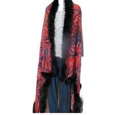 Full Black Faux Fur  Cape  Oversize  Handcrafted  Handloomed Shawl  Red
