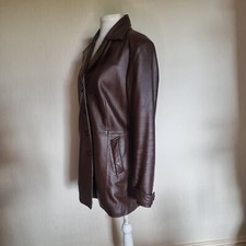 Milan Brown Leather Coat Jacket Lined Button Front 3/4 Length Button Cuff Collar