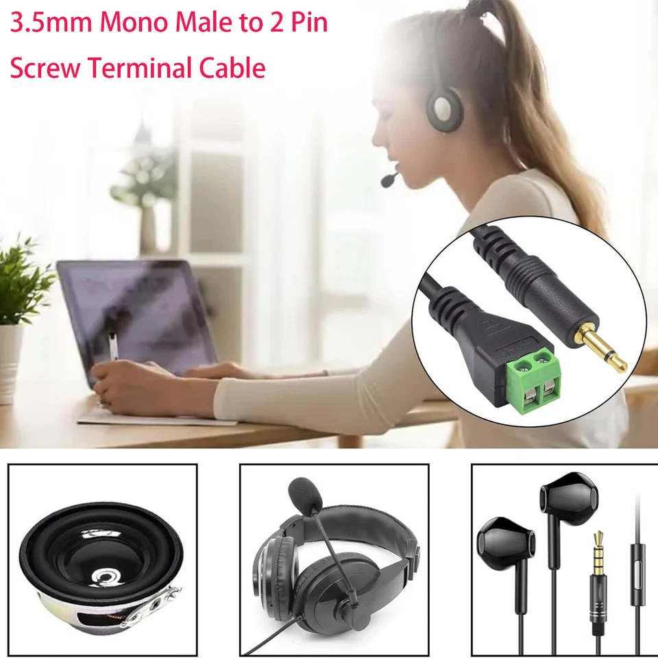 3.5mm Mono TS Male To 2 Pin Way Screw Terminal Block Bolt Speaker Adapter Cable - Image 4 of 4