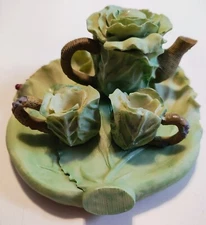 Vtg Miniature Tea Set Green Cabbage Leaf shaped 5 pieces for doll house decor