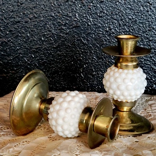 White Milk Glass Hobnail Brass Candle Candlestick Holders Vintage Pair Japan