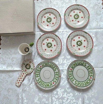 Anthropologie Bistro Tile Holiday Joyeuses Fêtes Mosaic 8pc Set Mug Spoon Rest