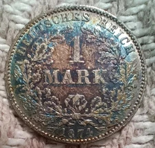 1874-D Germany 1 Mark Very Nice Rainbow Toned