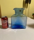 Blenko #384 Blue Glass Double Spout Water Carafe/Pitcher 8" Tall With Sticker