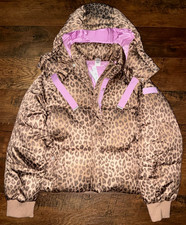 Victoria  s Secret Pink Leopard Marshmallow Full Zip Puffer Jacket Brown Lilac XL
