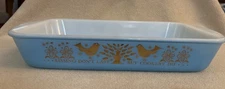 Vtg Sears Glasbake 11 x 8 Casserole Kissing Don’t Last...Turquoise Gold Graphics