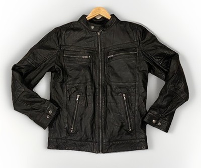 GRECO Mens Black Leather Racer Motorcycle Jacket Small Moto Biker Cafe Racer