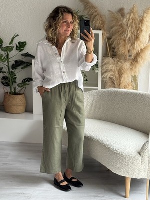 FREE/QUENT LAVA 7/8 Leinen Hose Khaki FLECHTENGRÜN Wide Leg versch. Gr. F3