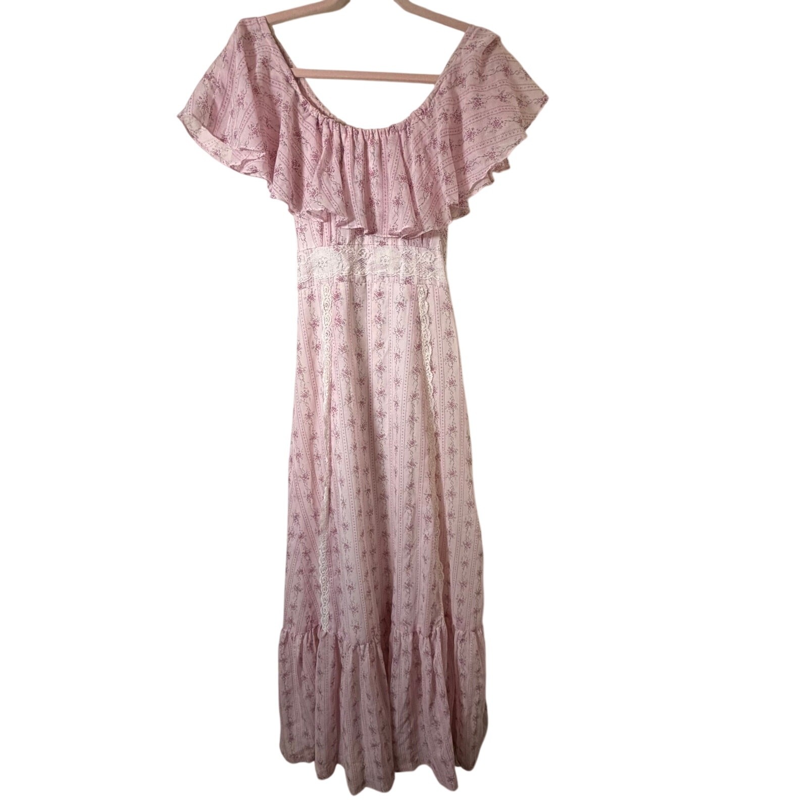 Sm 70s Vtg Prairie Maxi Dress Pink Floral Lace Tiered Cottagecore Romantic Tea