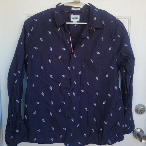 Como Vintage Button-Up Shirt XL Navy Blue Sneaker Print - Picture 2 of 12