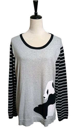 Crown & Ivy Fleece Long Sleeve Top Panda Print Striped Sleeves Black Gray SZ 2X