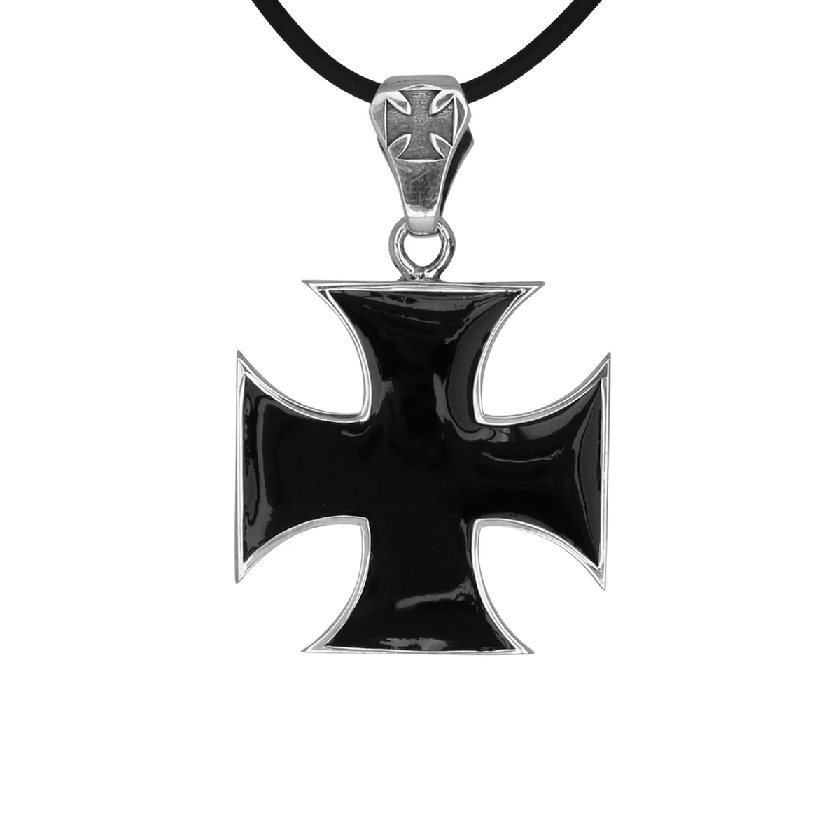 Iron Cross Black Enamel Biker s Pendant Necklace Solid Sterling