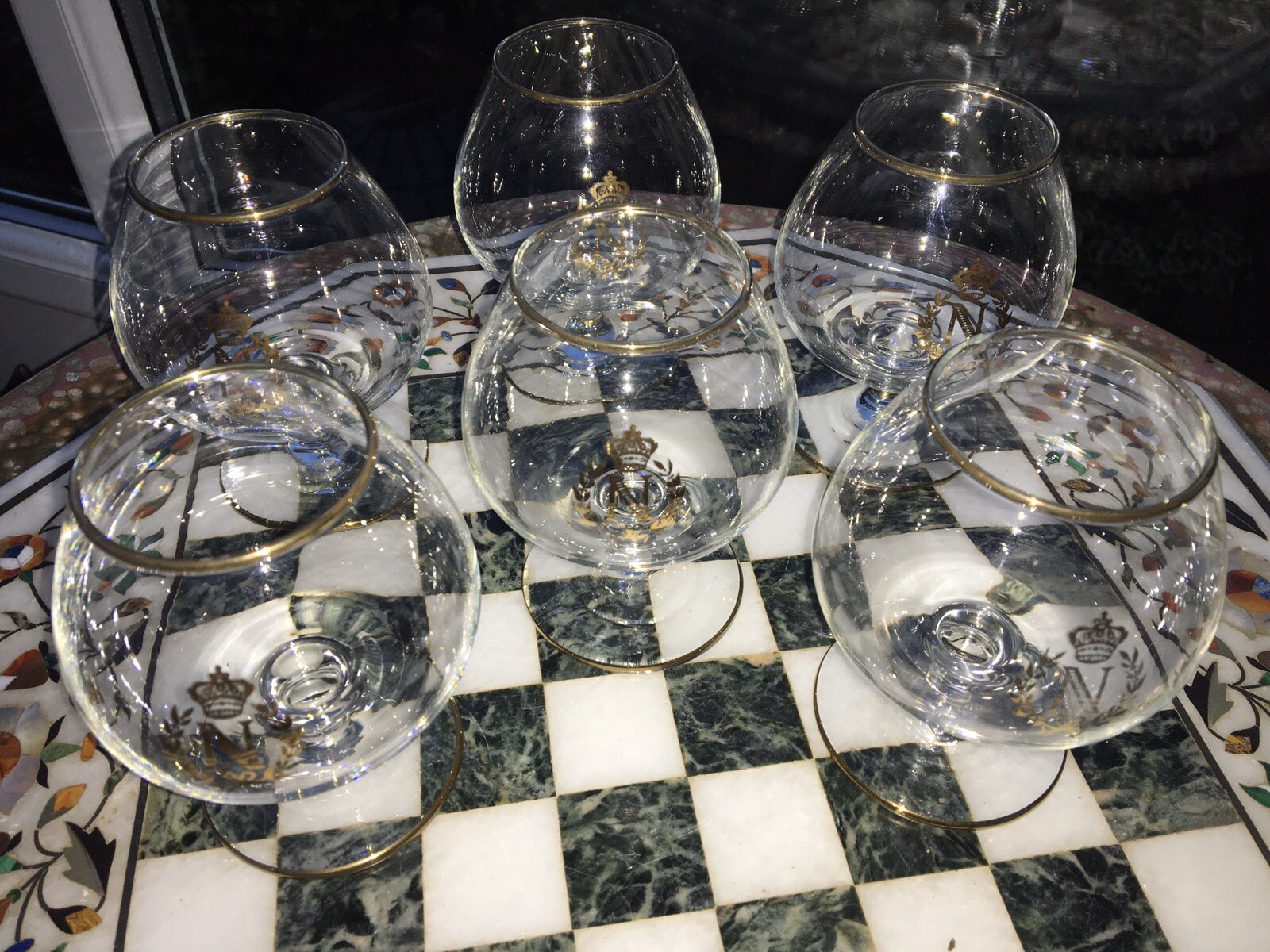 6 X VINTAGE NAPOLEON BRANDY SNIFTER GLASSES. BRANDED. GOLD GILT CREST