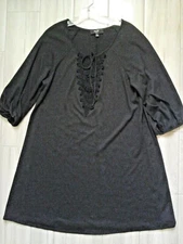 Naif Women Solid Black 3/4 Sleeve Scoop Tie Neck Short Dress    Plus Size 1X