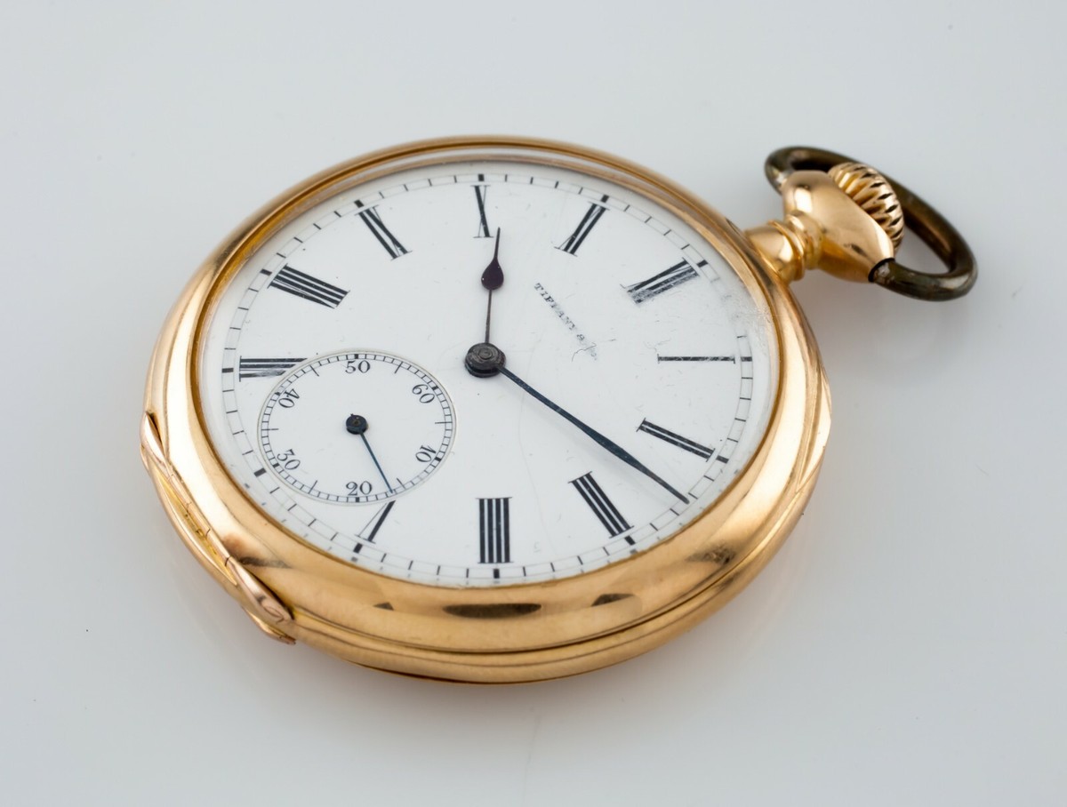 TIFFANY&Co.E.P. PATENT1889＆コルク抜き＆革トレイ Tiffany & Co. 18k Yellow Gold Pocket Open Face Pocket Watch Size 8