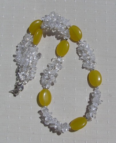 SALE - Clear Quartz & Yellow Jade Gemstone Chunky Statement Beaded Necklace - Picture 7 of 7