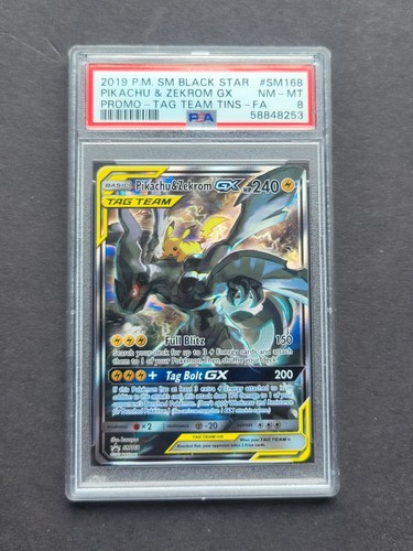 Pokemon PSA 8 PIKACHU & ZEKROM GX SM168 - 2019 S&M TAG TEAM TINS PROMO - NM/MINT