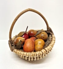 VTG Handmade Woven Two Colors Basket 7.75" Handle w/ Fruits Rustic Home Decor