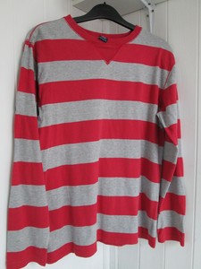 red and gray striped shirt