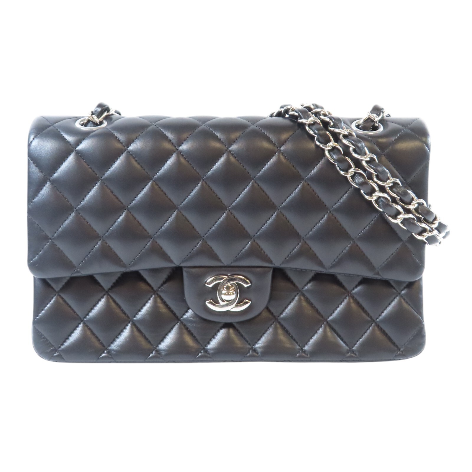 CHANEL Classic Double Flap 25 Black Lambskin Matelasse Shoulder Bag with Silver Hardware