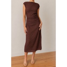 Ruched Bodycon Dress Large Brown Maxi Old Money Minimalist Stretch Textured