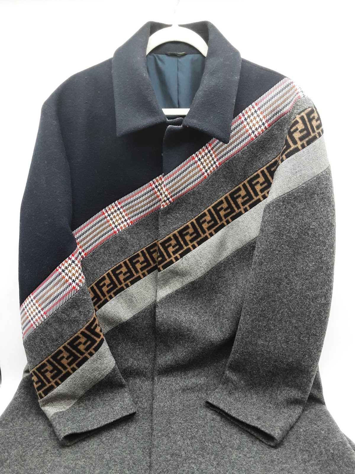 Fendi Ff Panelled Gray Navy Blue Brown Wool Peacoat Size 54 Do1225lxzxde